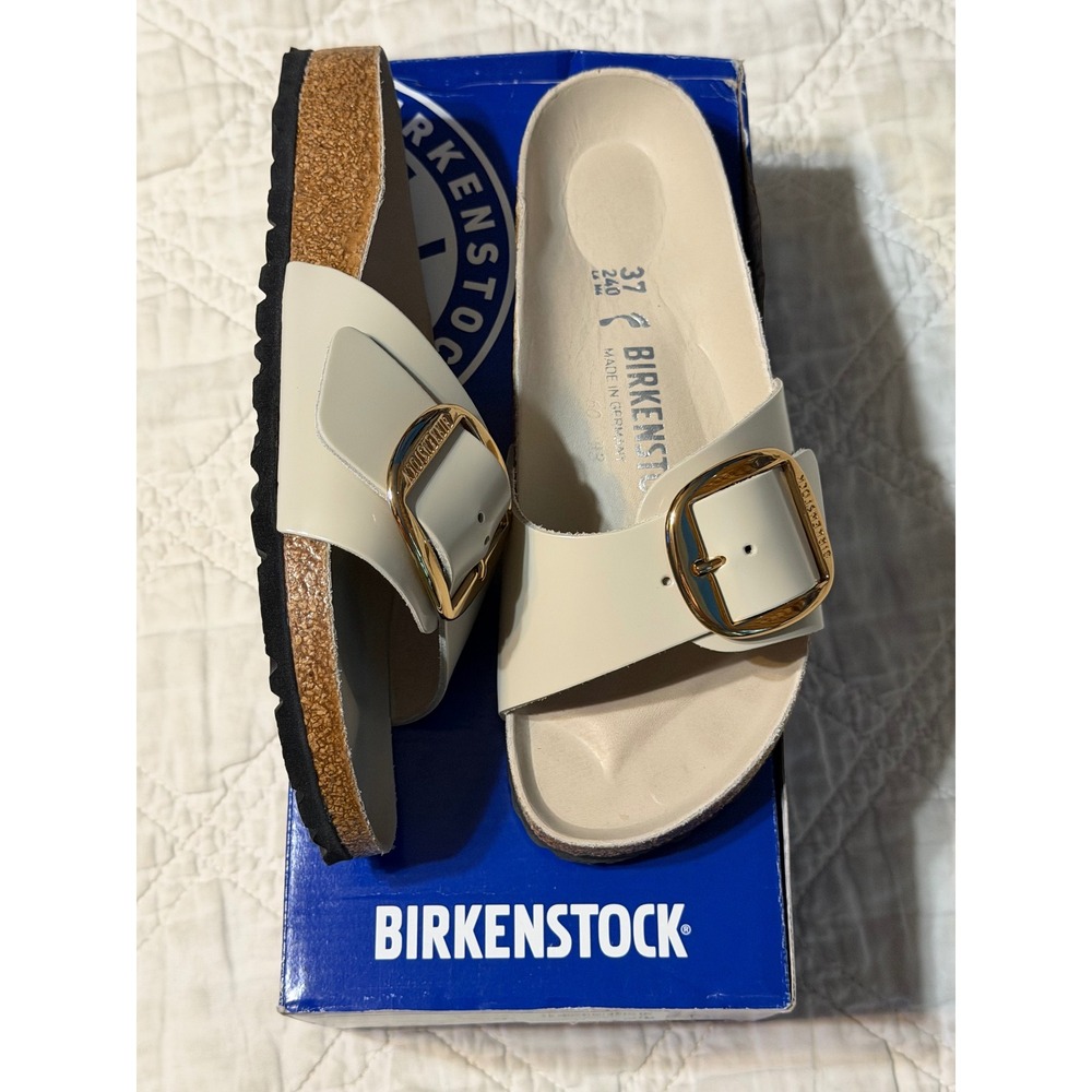 Birkenstock Madrid Big Buckle Sandals Womens 37 Cream Patent Leather Gold Buckle
